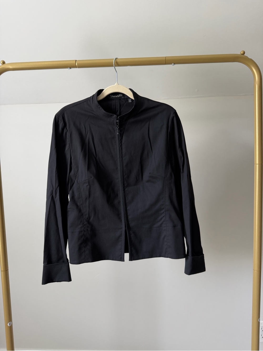 Tahari Black Zip-Front Coat with Stand Collar Sz M